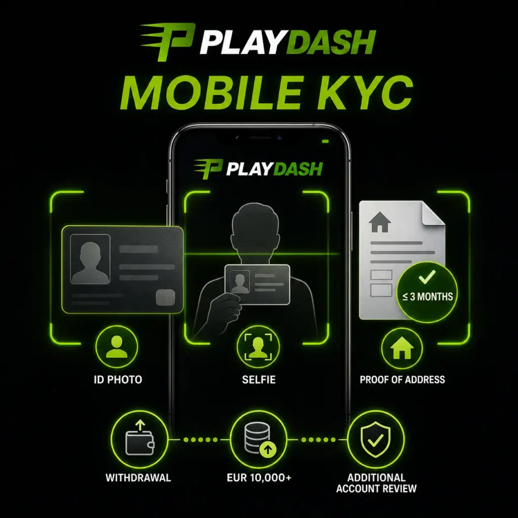 PlayDash mobile KYC with an ID photo, selfie and proof of address