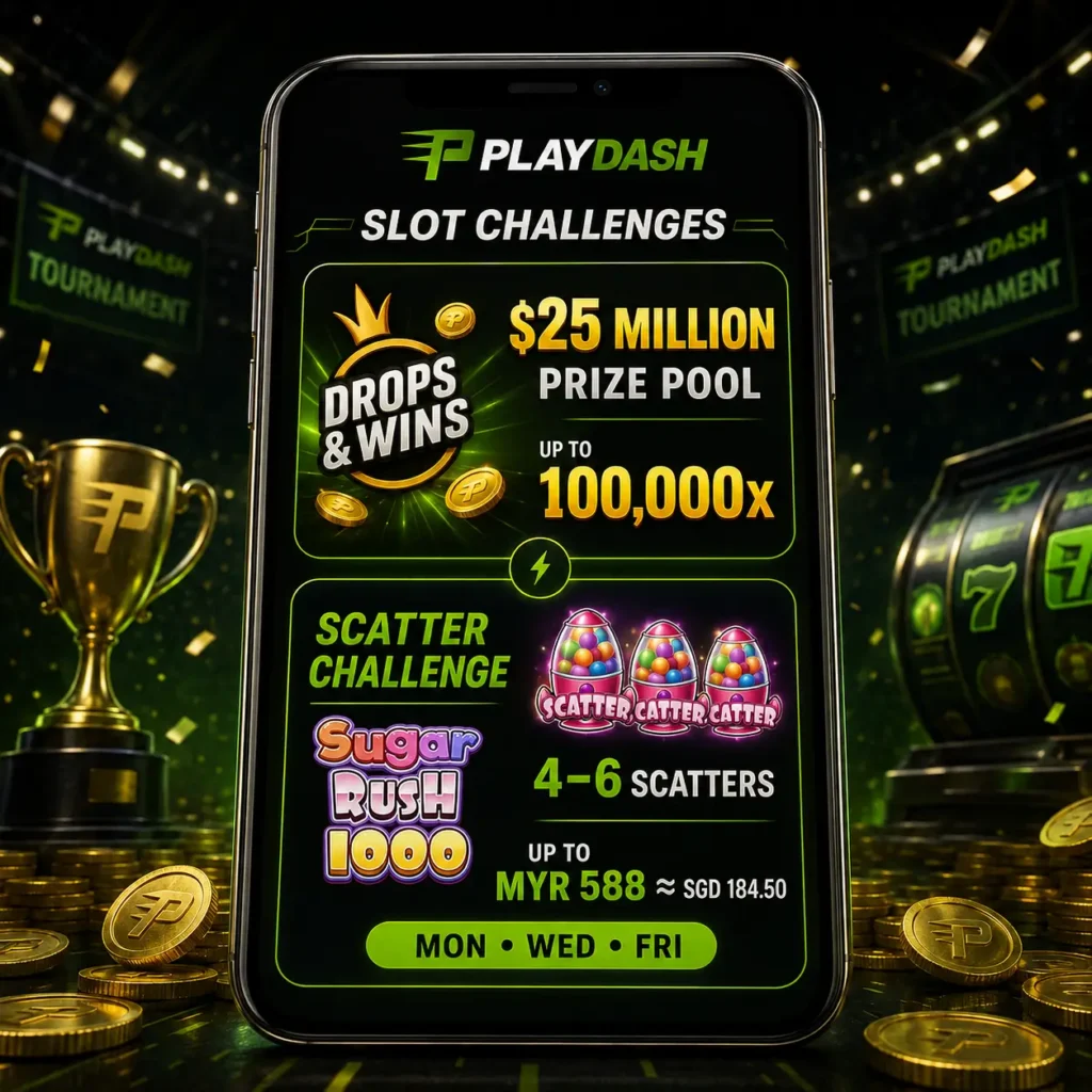 PlayDash slot challenges with Drops and Wins prize pool and Scatter Challenge