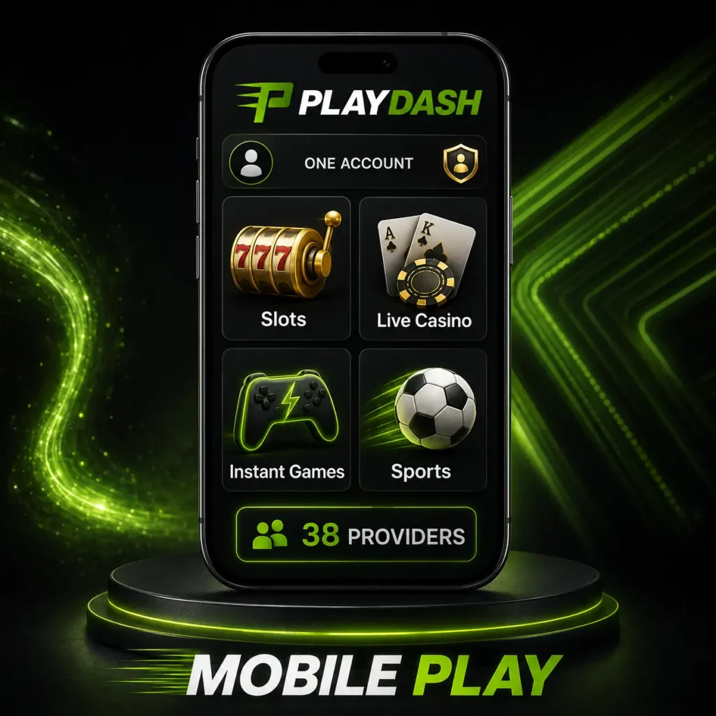 PlayDash mobile lobby with slots, live casino, instant games and sports in one account