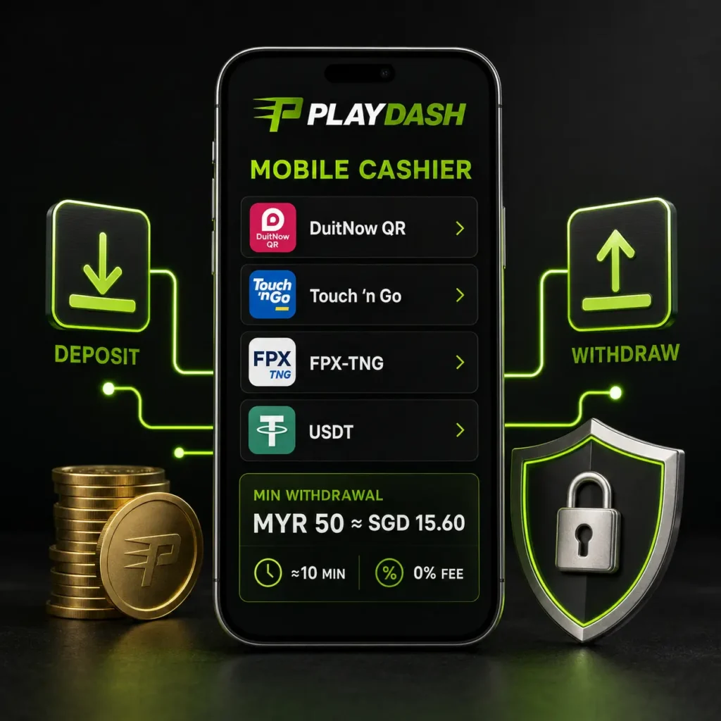 PlayDash mobile cashier with DuitNow QR, Touch 'n Go, FPX-TNG and USDT