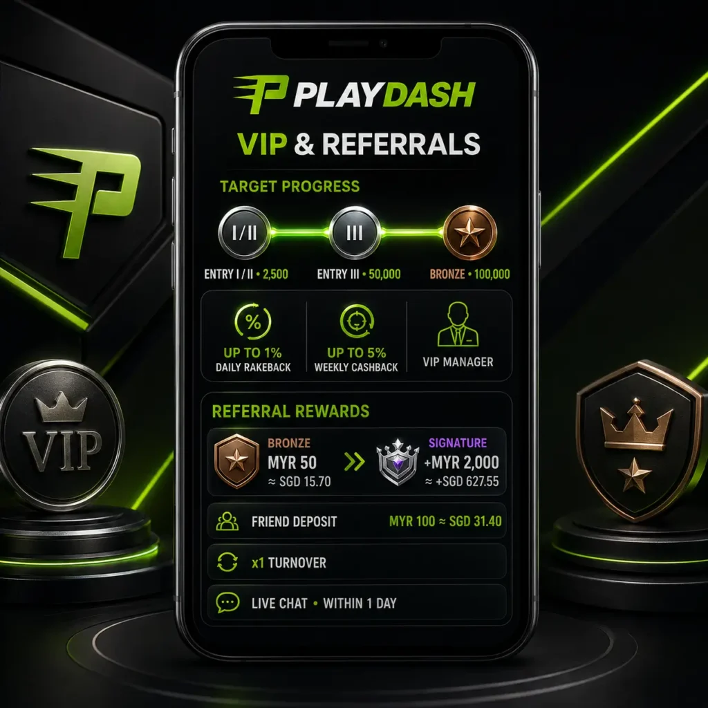 PlayDash VIP progress and Singapore referral rewards