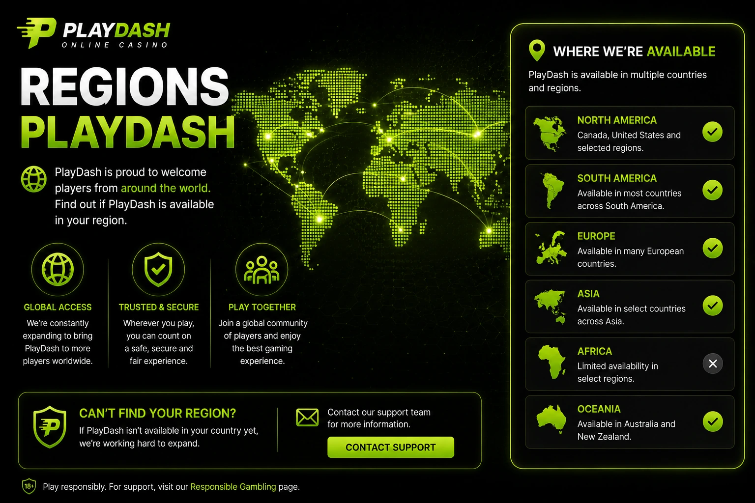 The Regions PlayDash Chooses to Offer